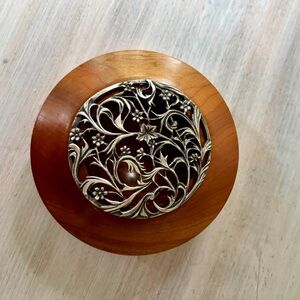 NWOT Handcrafted Round Wooden Bowl with Silver Lid.